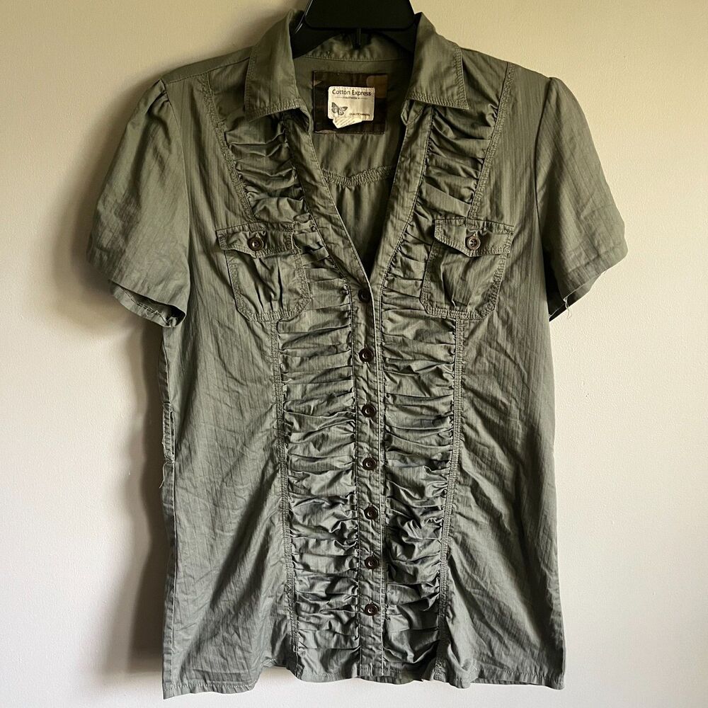 Cotton Express Short Sleeve Button Up Top Women's XL Olive Green Ruched Utility